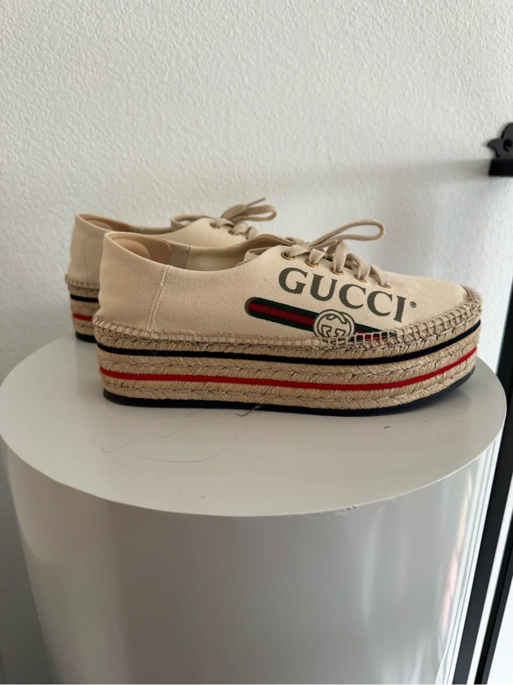Gucci Beige Canvas Platform Espadrille Sneakers with Red and Green Stripe